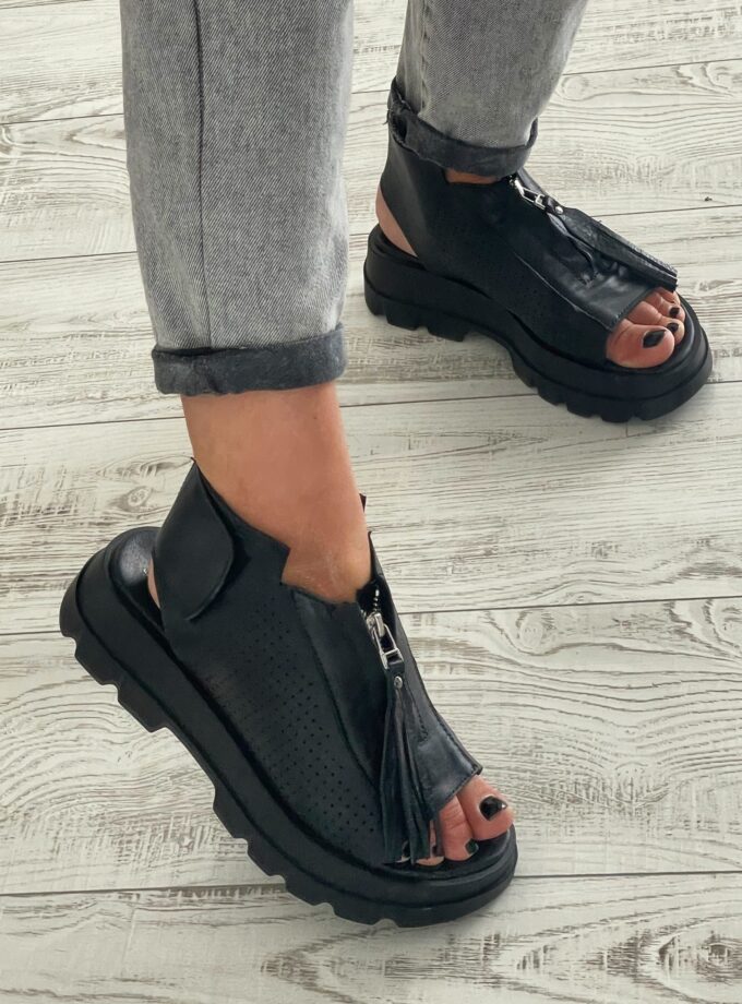 Black genuine leather summer boots/woman genuine leather summer boots/extravagant leather summer boots
