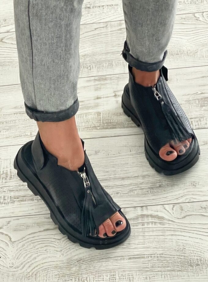 Black genuine leather summer boots/woman genuine leather summer boots/extravagant leather summer boots