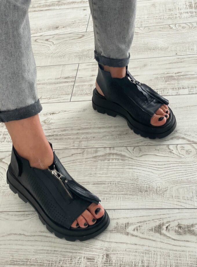 Black genuine leather summer boots/woman genuine leather summer boots/extravagant leather summer boots