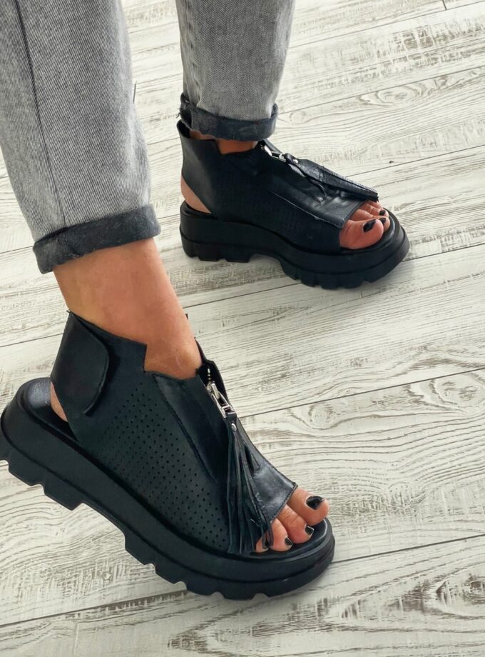 Black genuine leather summer boots/woman genuine leather summer boots/extravagant leather summer boots
