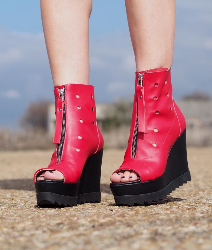 Womens Genuine leather summer boots,Platform summer boots,must have wedges,Women open toe wedges ,Red leather summer boots by Adrenaline