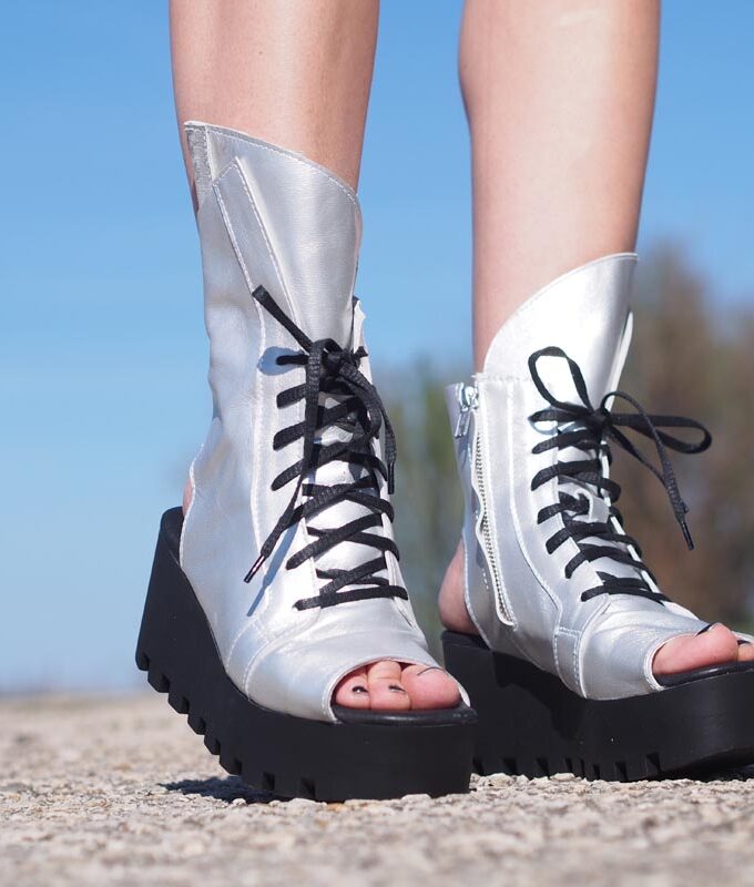 Women Genuine leather summer boots, Silver genuine leather summer booties ,Women open toe wedges,platform summer boots,must have wedges