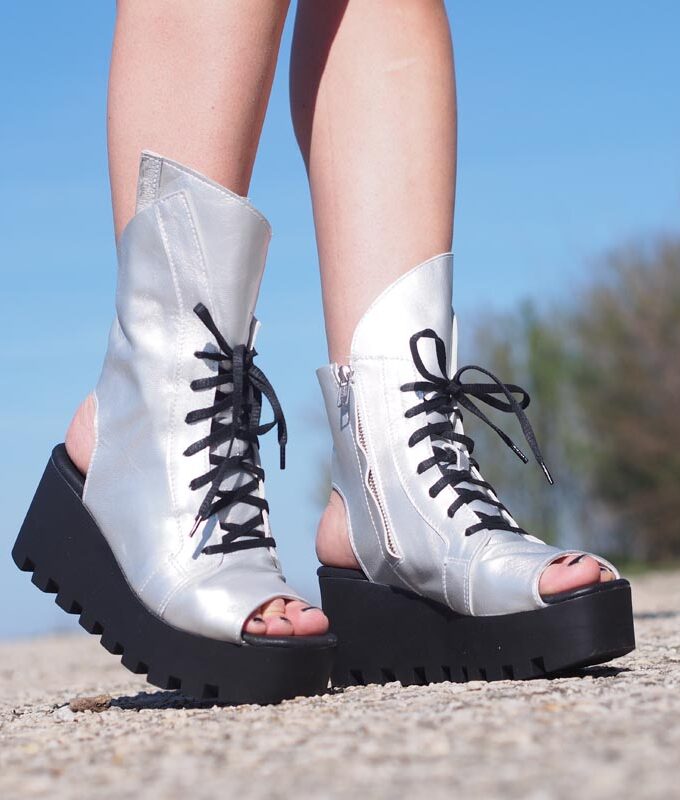 Women Genuine leather summer boots, Silver genuine leather summer booties ,Women open toe wedges,platform summer boots,must have wedges