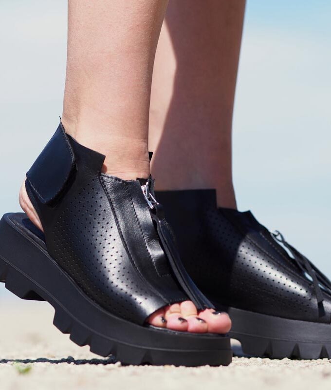 Black genuine leather summer boots/woman genuine leather summer boots/extravagant leather summer boots