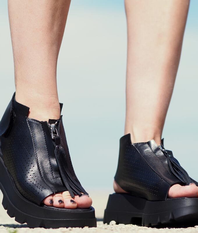 Black genuine leather summer boots/woman genuine leather summer boots/extravagant leather summer boots