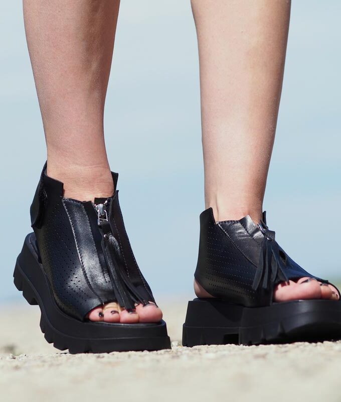 Black genuine leather summer boots/woman genuine leather summer boots/extravagant leather summer boots