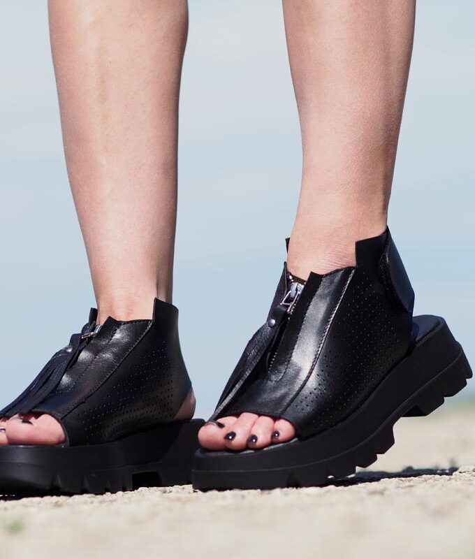 Black genuine leather summer boots/woman genuine leather summer boots/extravagant leather summer boots