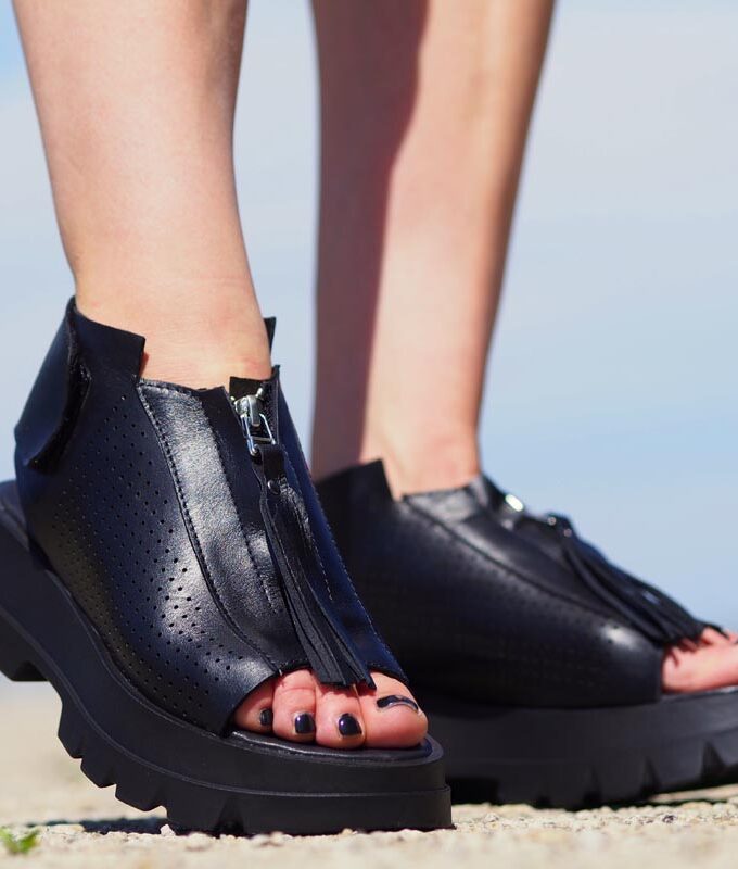 Black genuine leather summer boots/woman genuine leather summer boots/extravagant leather summer boots