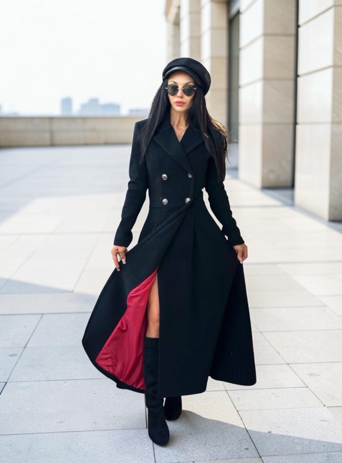 Long Black Wool Coat With Red Lining, Double-Breasted Women’s Elegant Winter Overcoat
