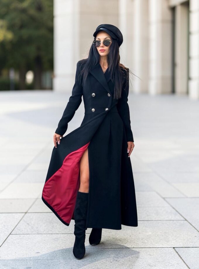Long Black Wool Coat With Red Lining, Double-Breasted Women’s Elegant Winter Overcoat