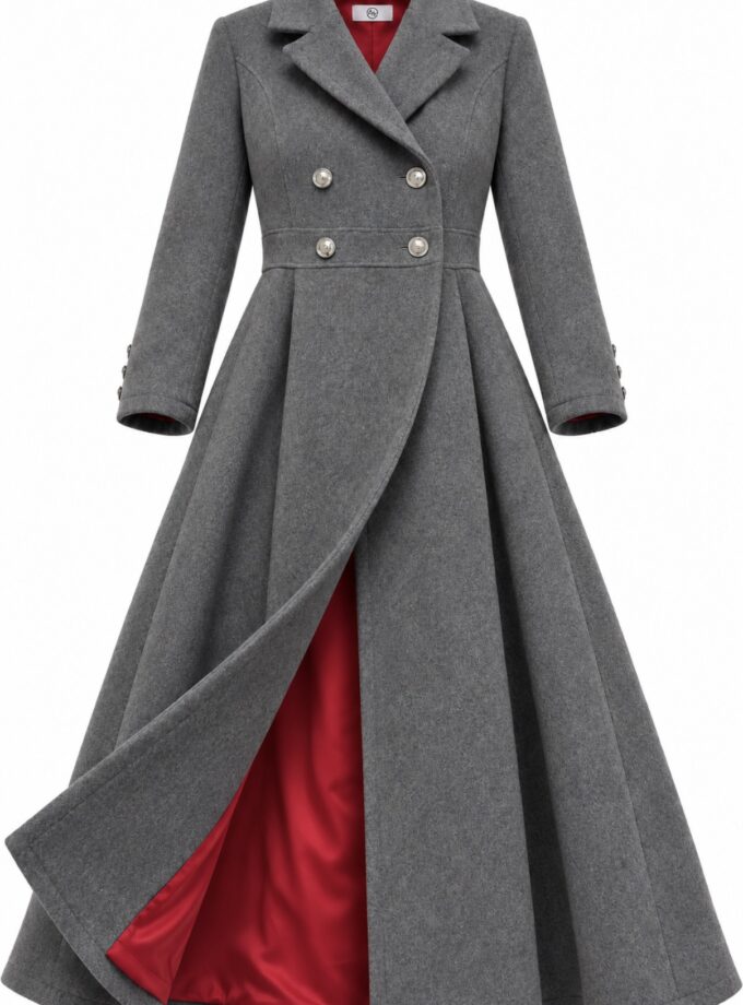 Long Gray Wool Coat with Red Lining | Victorian Gothic Winter Coat | Fit and Flare Maxi Coat | Double Breasted Wool Coat