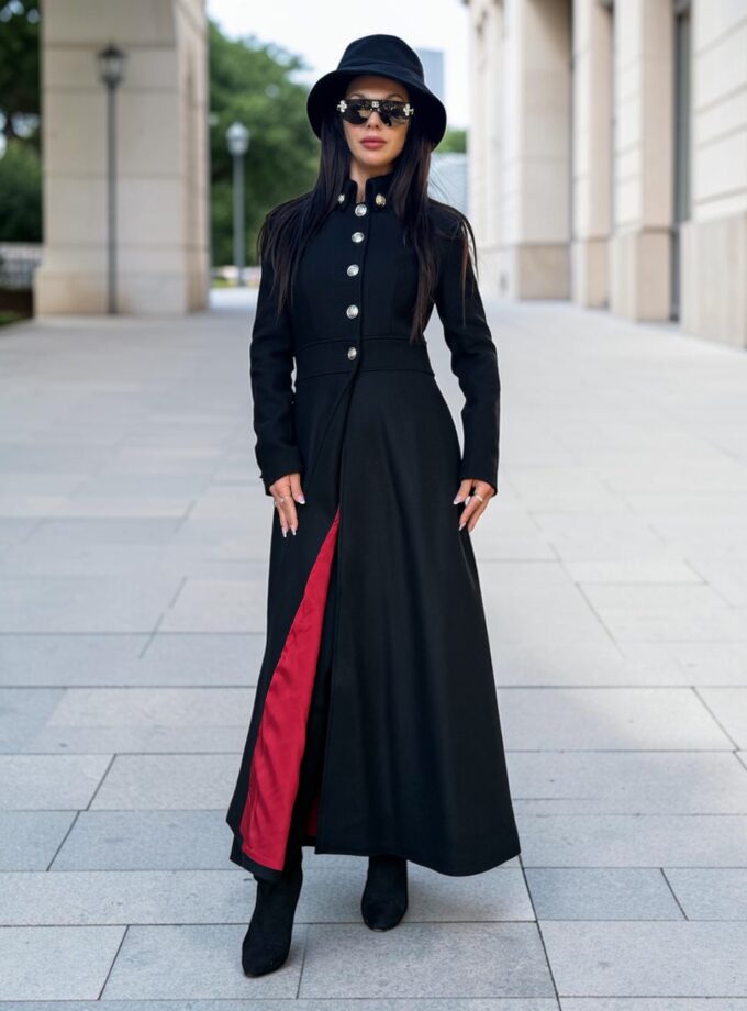 Long Black Wool Coat with Red Lining | Victorian Gothic Coat | Military Wool Coat | Fit and Flare Maxi Winter Coat Women