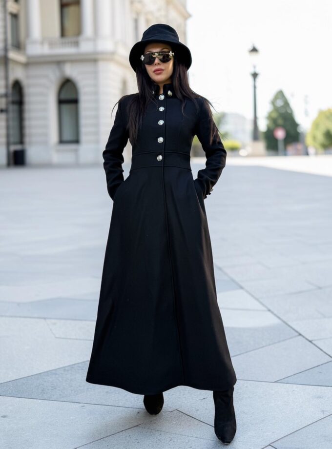 Long Black Wool Coat with Red Lining | Victorian Gothic Coat | Military Wool Coat | Fit and Flare Maxi Winter Coat Women