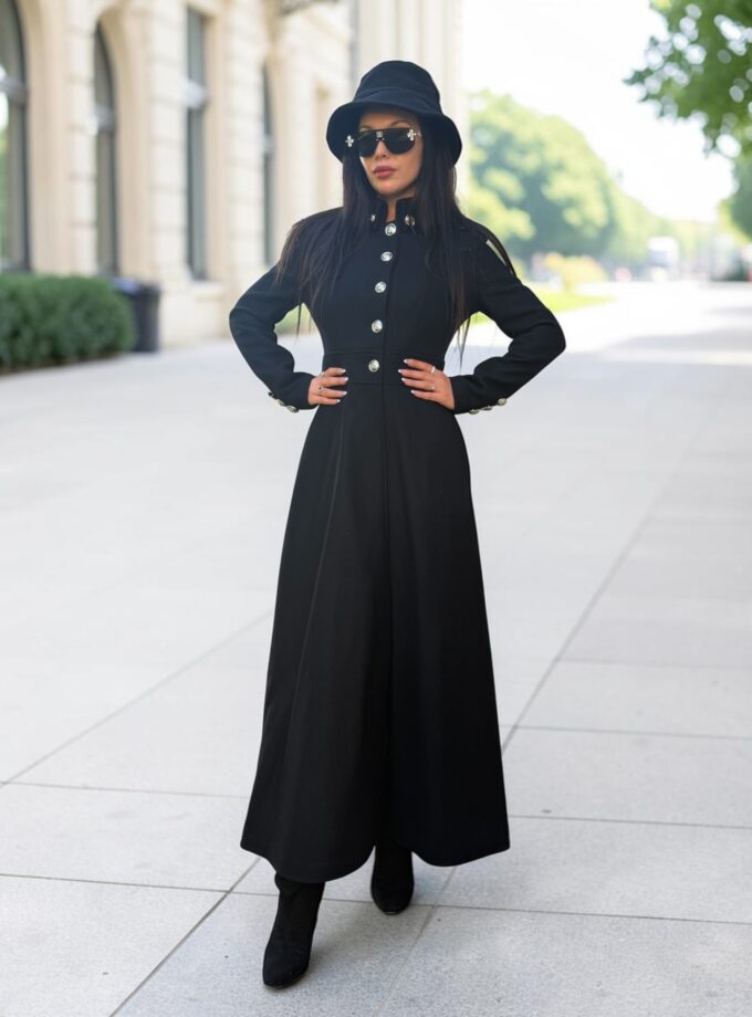 Long Black Wool Coat with Red Lining | Victorian Gothic Coat | Military Wool Coat | Fit and Flare Maxi Winter Coat Women