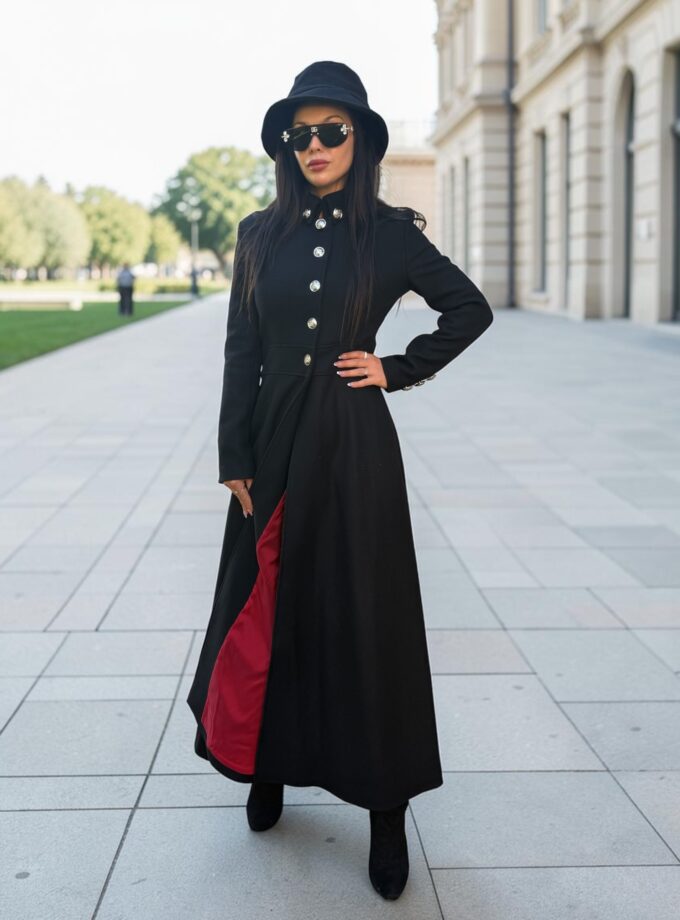 Long Black Wool Coat with Red Lining | Victorian Gothic Coat | Military Wool Coat | Fit and Flare Maxi Winter Coat Women