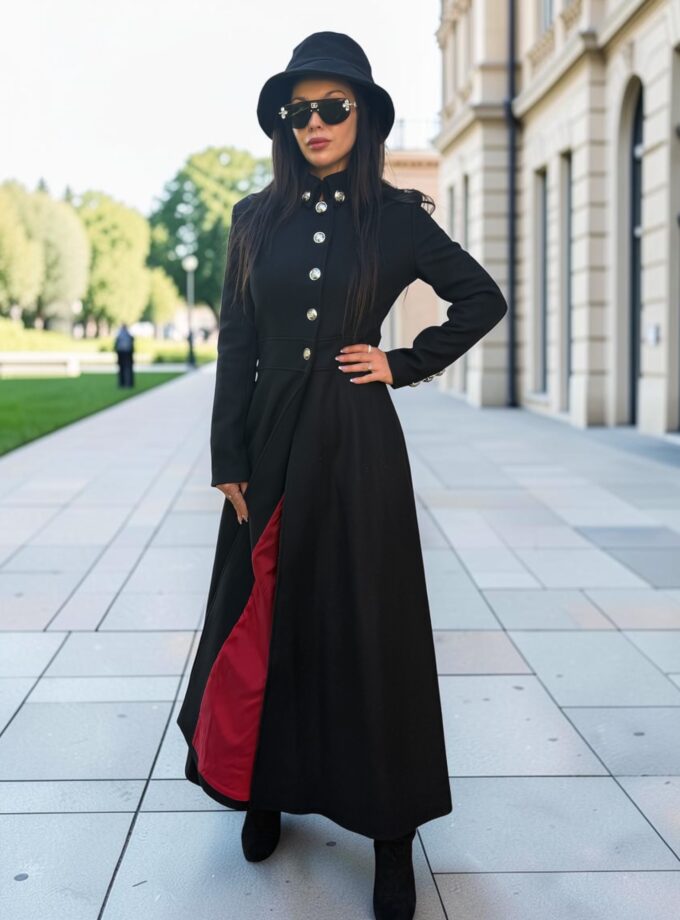 Long Black Wool Coat with Red Lining | Victorian Gothic Coat | Military Wool Coat | Fit and Flare Maxi Winter Coat Women