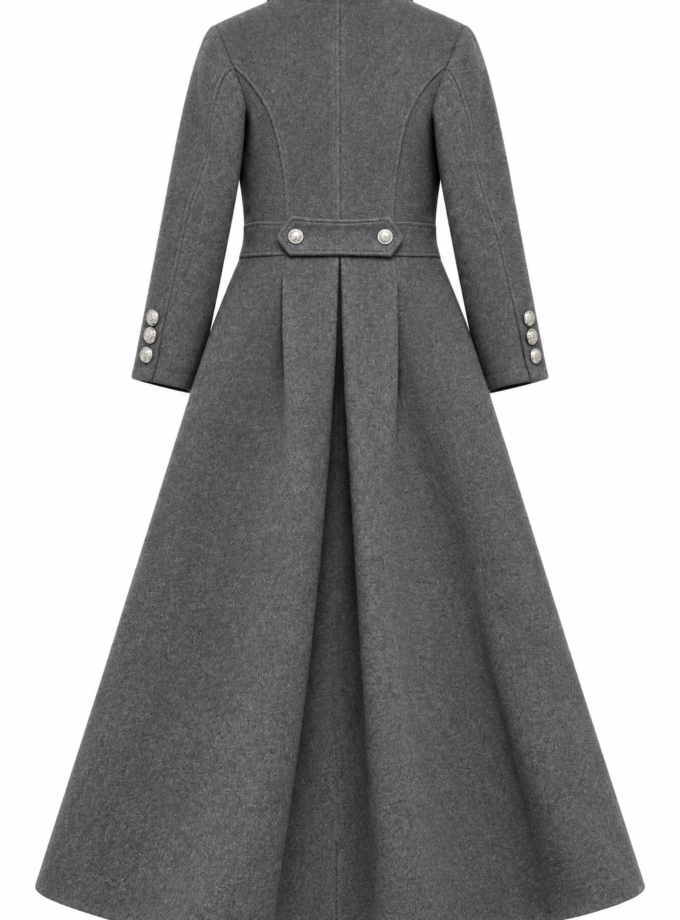 Long Gray Wool Coat with Red Lining | Victorian Gothic Winter Coat | Fit and Flare Maxi Coat | Double Breasted Wool Coat