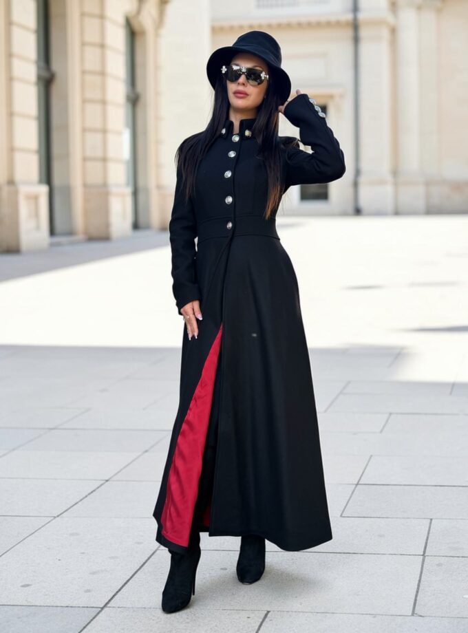 Long Black Wool Coat with Red Lining | Victorian Gothic Coat | Military Wool Coat | Fit and Flare Maxi Winter Coat Women