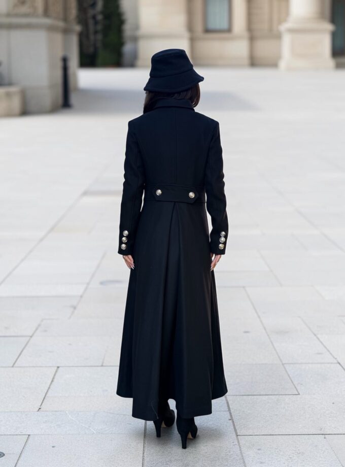 Long Black Wool Coat with Red Lining | Victorian Gothic Coat | Military Wool Coat | Fit and Flare Maxi Winter Coat Women