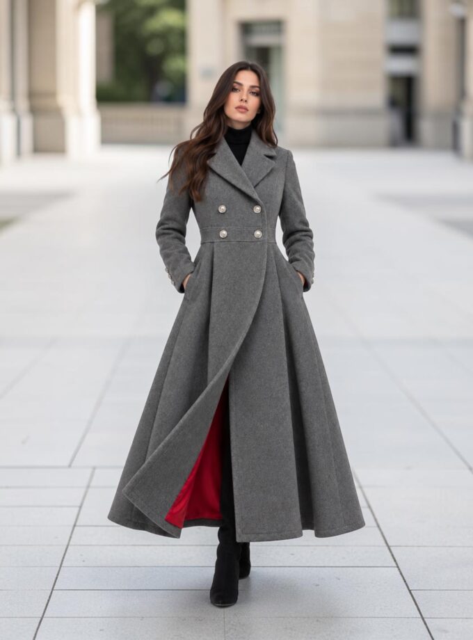 Long Gray Wool Coat with Red Lining | Victorian Gothic Winter Coat | Fit and Flare Maxi Coat | Double Breasted Wool Coat