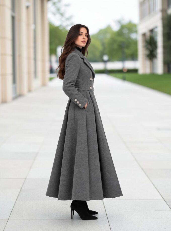 Long Gray Wool Coat with Red Lining | Victorian Gothic Winter Coat | Fit and Flare Maxi Coat | Double Breasted Wool Coat