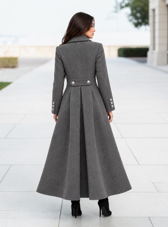 Long Gray Wool Coat with Red Lining | Victorian Gothic Winter Coat | Fit and Flare Maxi Coat | Double Breasted Wool Coat